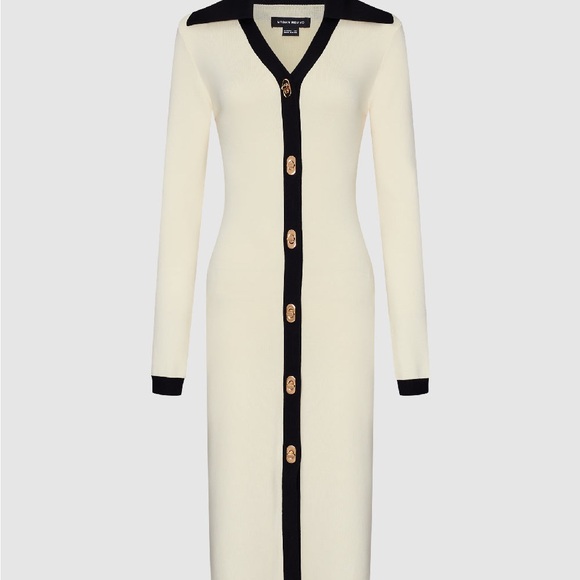 Urban Revivo luxe Ivory off white & black contrast midi dress twist lock buttons - Picture 9 of 10